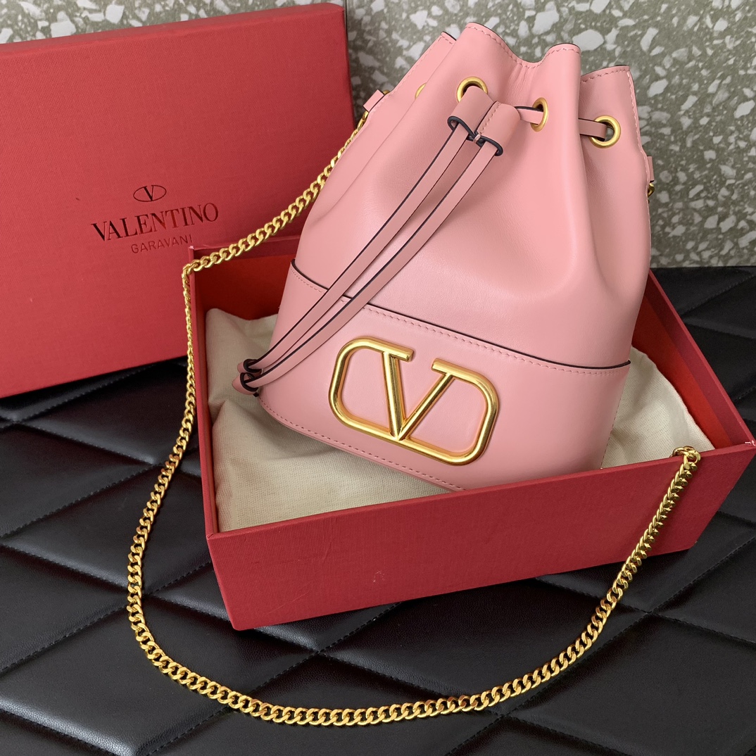 Valentino Garavani VLogo Signature Mini Bucket Bag in Pink Nappa Leather 